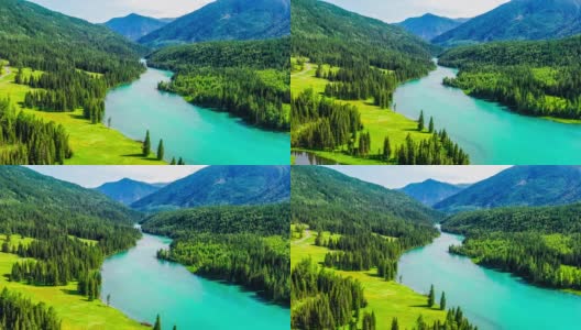 喀纳斯湖夏季鸟瞰图，新疆，中国。青山绿水。高清在线视频素材下载