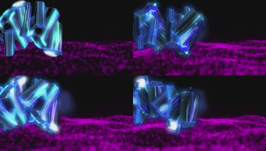 动画紫色钻石与紫色发光网格在黑色的背景高清在线视频素材下载