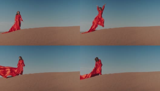 一个穿着红色裙子的亚洲女人在沙丘上跳舞高清在线视频素材下载