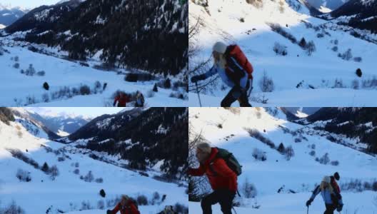 成熟的夫妇在瑞士阿尔卑斯小镇的乡村滑雪高清在线视频素材下载