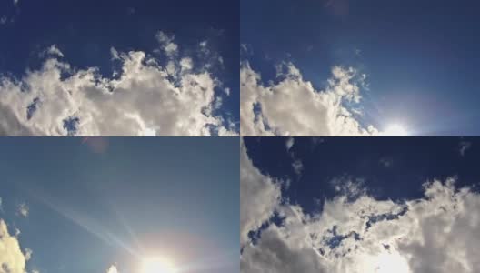 蓝天，有云，有太阳。夏天的天空与明亮的太阳和镜头耀斑全高清高清视频高清在线视频素材下载