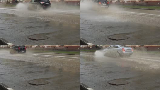 汽车在雨中行驶在被洪水淹没的道路上，慢镜头。高清在线视频素材下载