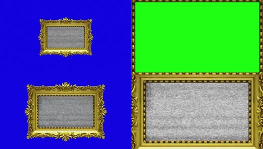 镜头放大到蓝色背景上的金色相框。电视噪音和绿色色度键在屏幕上播放。3 d动画。高清在线视频素材下载