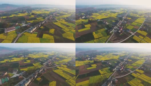 中国四川农村鸟瞰图乡村景观与油菜种田和村舍，4k高清在线视频素材下载