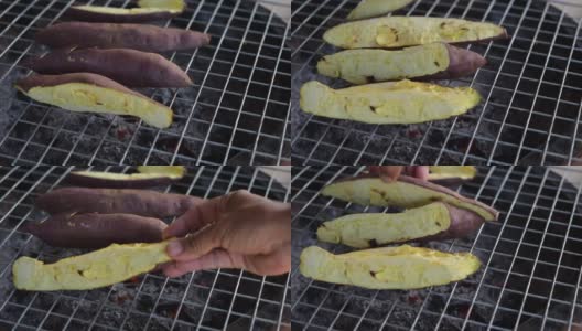 手烤红薯炉烤，泰国街头小吃高清在线视频素材下载
