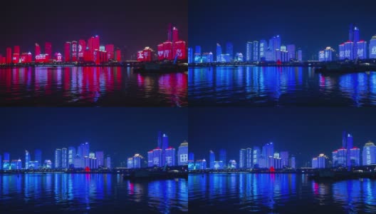 青岛城市著名的夜光市中心海湾秀全景时间流逝4k中国高清在线视频素材下载