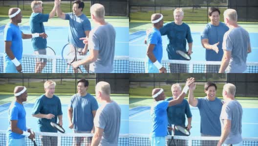 男子在打网球，比赛后击掌和握手高清在线视频素材下载