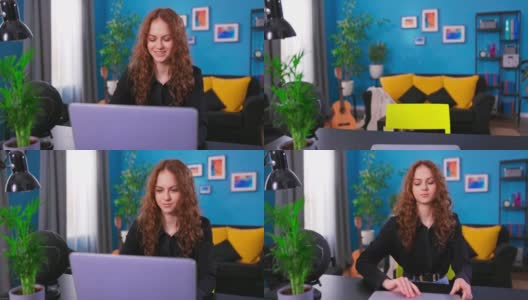一个自信的年轻女人坐在他家里的办公桌前，打开并开始使用笔记本电脑。在舒适设计的背景客厅高清在线视频素材下载