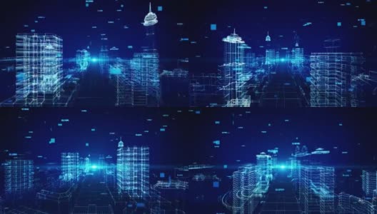 3D 4K高科技数字智能城市未来的空中城市飞行循环动画。高清在线视频素材下载