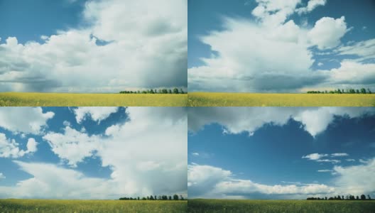 戏剧化的天空与雨云在地平线上农村景观卡莫拉油菜田。国家的道路。农业和天气预报概念。延时，延时，延时。FullHD高清在线视频素材下载