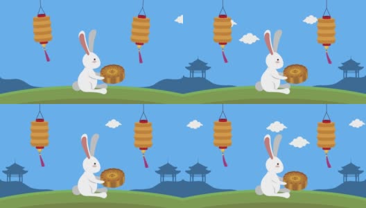 快乐的中秋节动画与兔子和月饼高清在线视频素材下载
