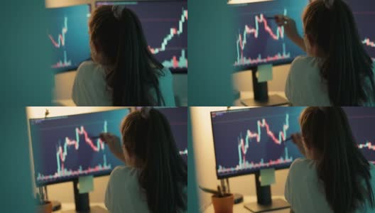 女人在电脑显示器上看股票行情图高清在线视频素材下载
