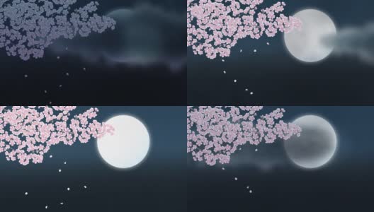 满月上的云朵，夜晚盛开的樱花。演示视频高清在线视频素材下载