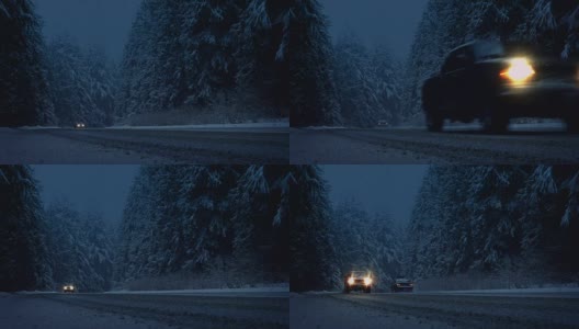 汽车在暴风雪的夜晚行驶高清在线视频素材下载