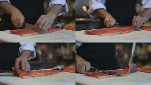 厨师切三文鱼海鲜高清在线视频素材下载