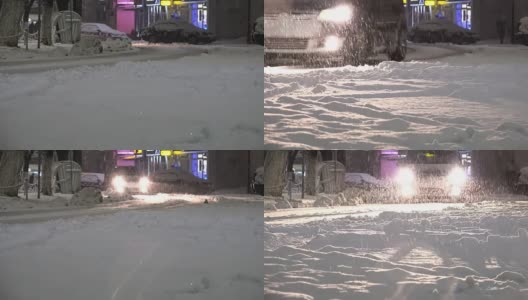 汽车轮胎在冰雪覆盖的冬季夜间行驶高清在线视频素材下载