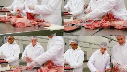 屠夫在肉品工厂包装和检查肉类的重量高清在线视频素材下载