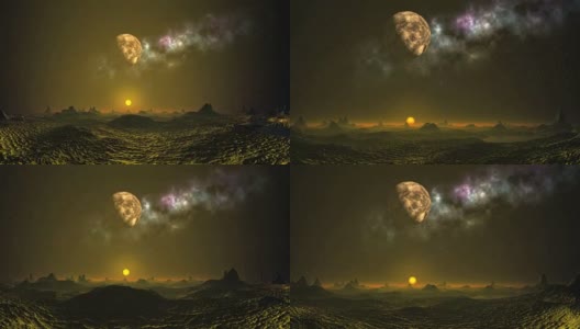 月亮和星云下的外星日落高清在线视频素材下载
