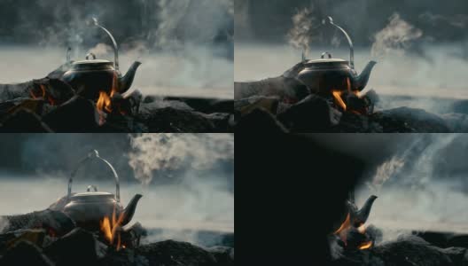 篝火上的水壶高清在线视频素材下载