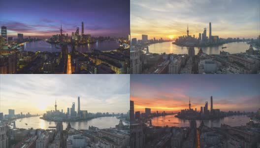 中国上海的城市天际线和城市景观在日出时的4K时间推移。(一天晚上)高清在线视频素材下载
