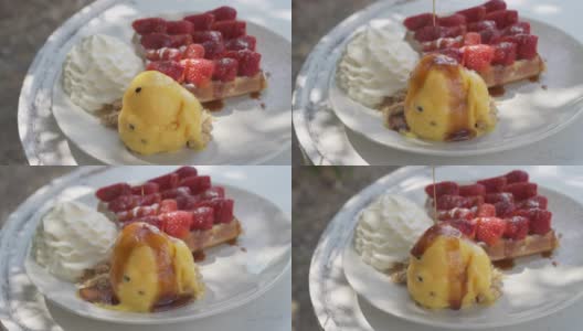 蜂蜜枫糖浆倒在冰淇淋吐司上高清在线视频素材下载