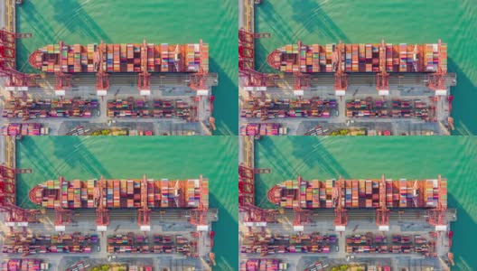 俯视图:香港进出口业务物流中国际港口起重机装载集装箱的超延时或滞后(缩小)高清在线视频素材下载
