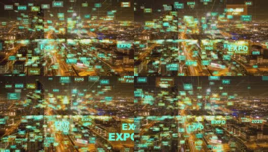 4K时间流逝-迪拜日落时的城市天际线和城市景观。结合阿联酋的粒子象征着城市的数字化，2020年世博会的概念展览高清在线视频素材下载