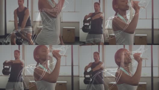 Dna结构与在健身房喝水的非裔美国健康女性相反高清在线视频素材下载