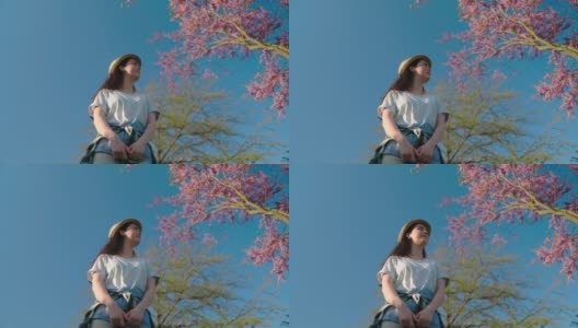 一位戴着草帽的年轻女子站在一棵樱花树下等待。英雄的观点。底部视图。背景是天空和一棵盛开的樱桃树高清在线视频素材下载
