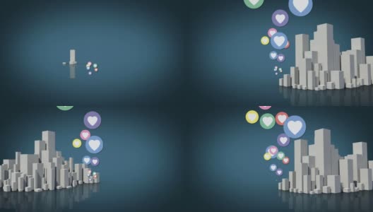 3d城市景观上的社交媒体爱情图标的动画高清在线视频素材下载