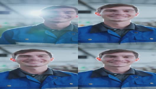 垂直拍摄肖像微笑开朗的白人白人男性技术员工程师穿着安全制服笑微笑幸福的工作环境在制造工厂的背景高清在线视频素材下载