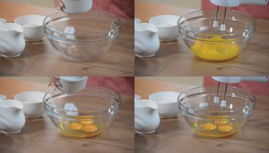把鸡蛋放在碗里。用搅拌器搅拌鸡蛋高清在线视频素材下载