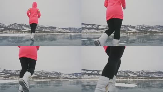 妇女在冬天在冰上进行竞走运动。女孩冬天在冰上训练。运动北欧力量行走运动员准备运动竞赛曝光。高清在线视频素材下载
