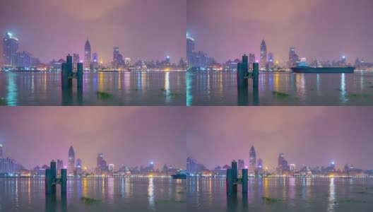 夜光照亮上海市景滨江湾全景，4k时间流逝中国高清在线视频素材下载
