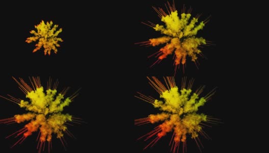 橙色粉末在黑色背景上爆炸。3d动画的粒子作为彩色的背景或覆盖的效果。一阵阵五彩的颜料粉，为胡里节的绚烂呈现。1高清在线视频素材下载