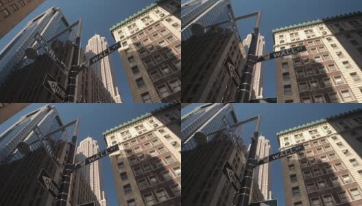近距离观察:纽约曼哈顿下城金融区标志性的华尔街标志高清在线视频素材下载