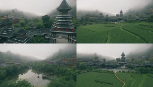 中国贵州肇兴东村清晨鸟瞰图高清在线视频素材下载