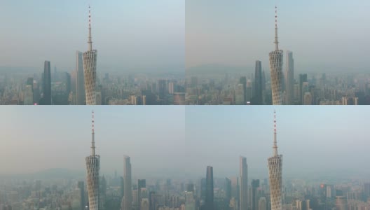 阳光灿烂的傍晚广州市著名的塔顶市中心区航拍全景4k中国高清在线视频素材下载