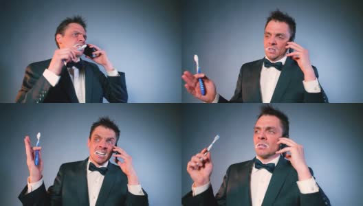 穿着西装的精力充沛的男人一边刷牙一边打电话高清在线视频素材下载
