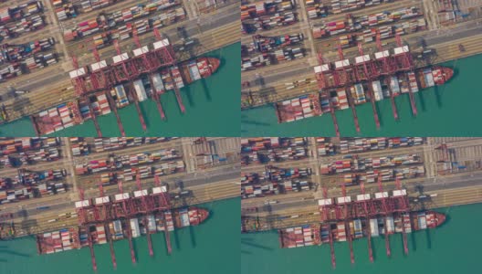 俯视图:香港进出口业务物流中国际港口起重机装载集装箱的超延时或滞后(缩小)高清在线视频素材下载