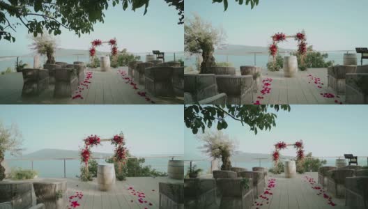 婚礼装饰与湖的景色在一个夏天的傍晚日落高清在线视频素材下载