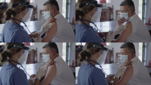 拉丁美洲男性患者在其农村家中接受女医生的covid-19疫苗接种高清在线视频素材下载