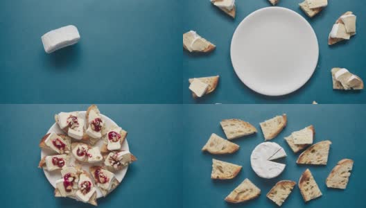 烤面包片，覆盆子果酱和碎杏仁旋转在白色盘子。定格动画高清在线视频素材下载