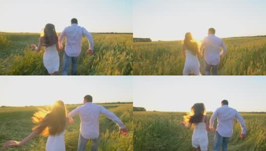 幸福的年轻夫妇手牵着手跑过麦田在夏季日落，有乐趣的户外。农村,夏天的时间。男人和女人，幸福的家庭在爱，自然。太阳耀斑高清在线视频素材下载