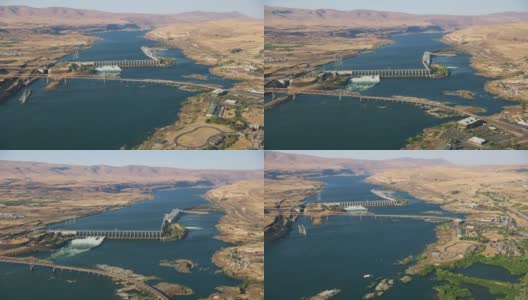 俄勒冈州(约2021年):哥伦比亚河峡谷中的Dalles大坝的鸟瞰图。用直升机用RED 8K拍摄的Cineflex。高清在线视频素材下载