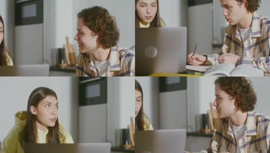 年轻的夫妇在家里看书，打开笔记本电脑高清在线视频素材下载