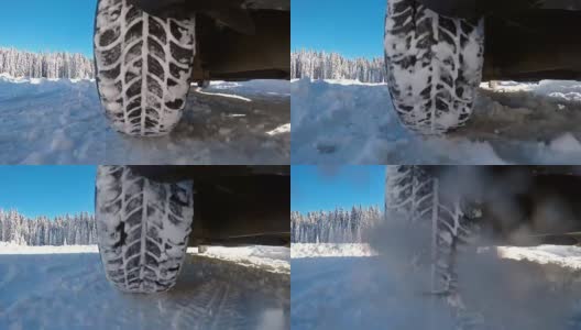 在冬天的乡村道路上开车，把雪喷到相机上高清在线视频素材下载