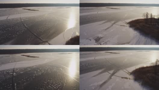 波维兹基湖面结冰。无人机拍摄波兰的冬天高清在线视频素材下载
