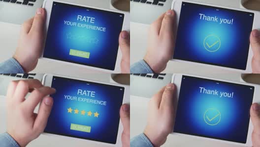 男人用数字平板电脑给五星评级高清在线视频素材下载