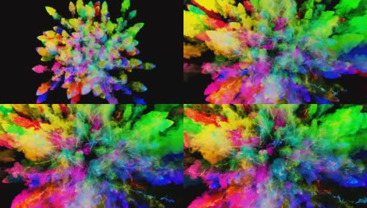 爆炸的火药孤立在黑色背景。3d动画的粒子作为彩色的背景或覆盖效果。迸发出彩虹般的色彩，粉饼呈现出明亮如胡里节。24高清在线视频素材下载
